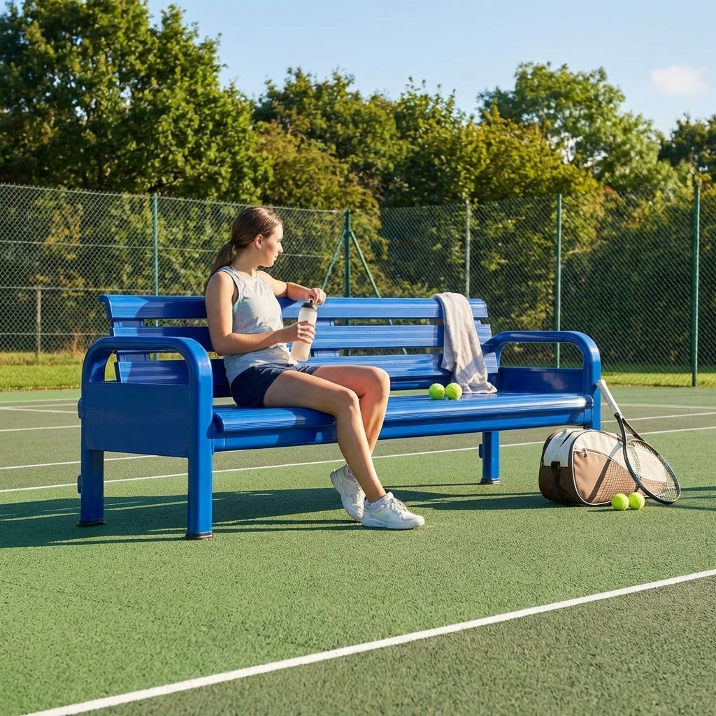 Aluminium tennis court bench in green for tournament use