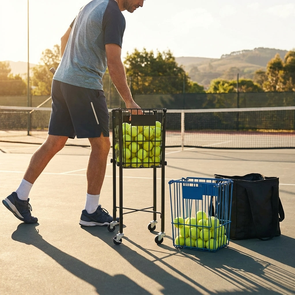 Portable rolling tennis ball basket with aluminium frame and carry bag