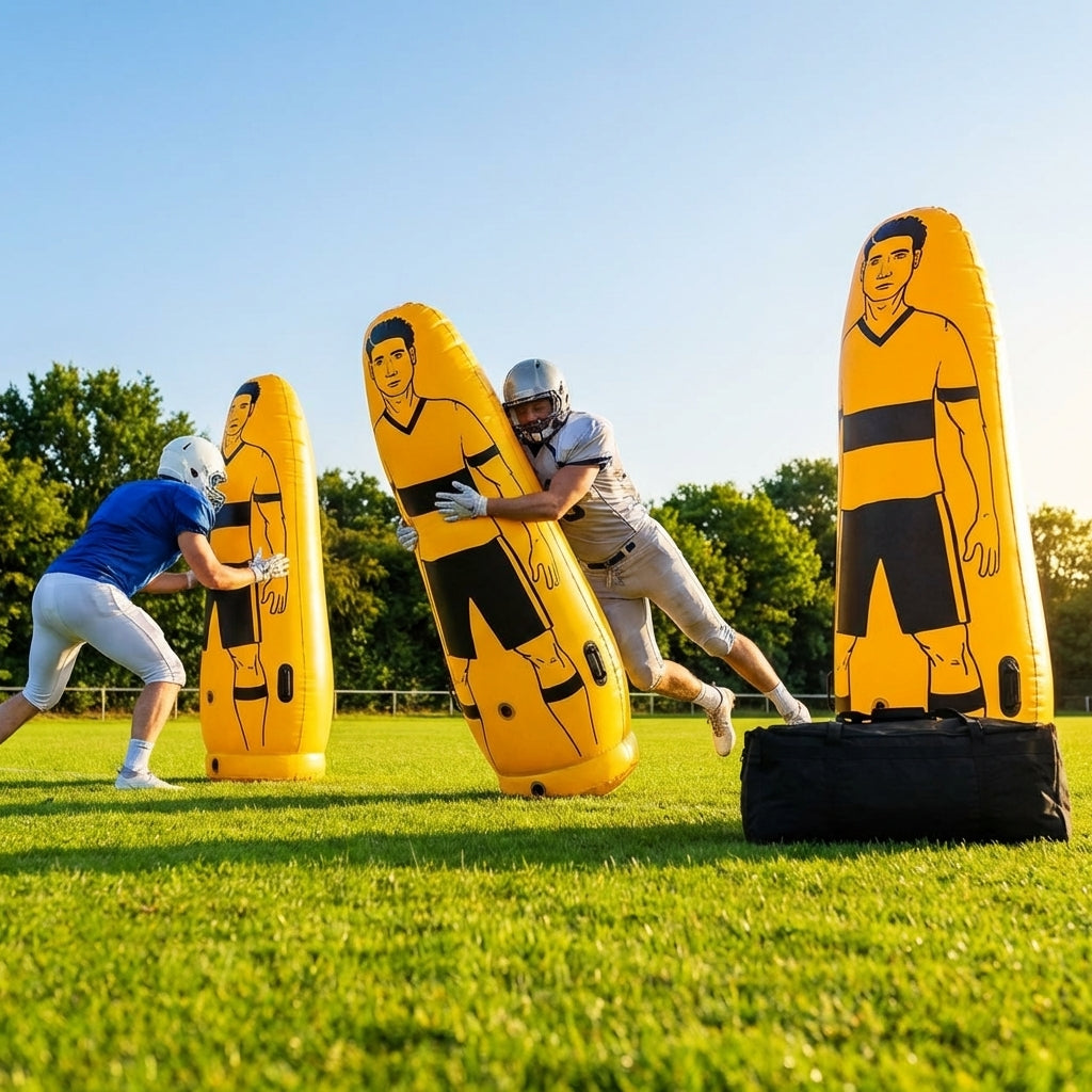 High-visibility American football training dummies in yellow PVC