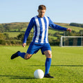Men's Striped Football Kit with long-sleeve top, shorts, and socks