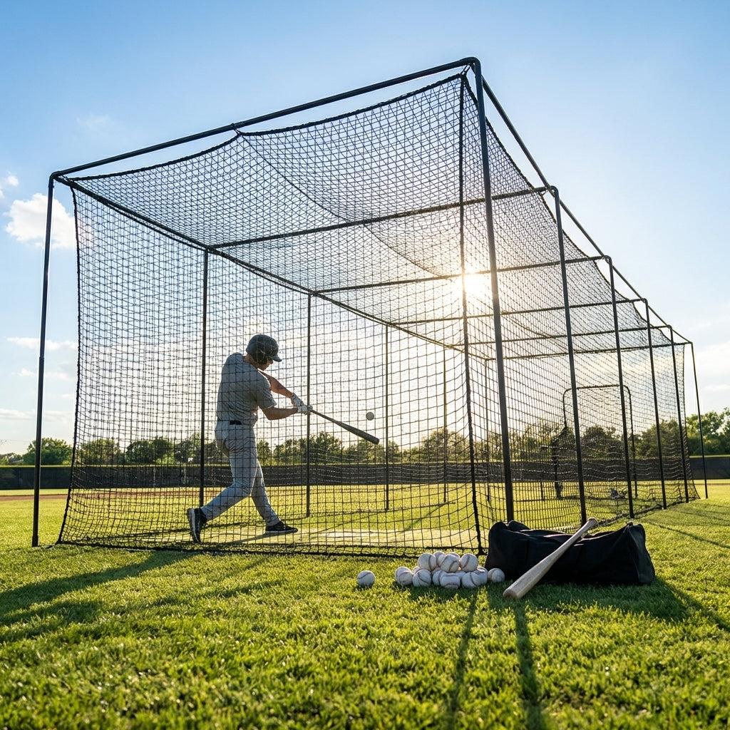 Black baseball batting cage nets made from HDPP twine for indoor and outdoor use