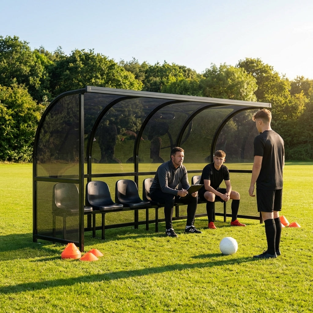 Fixed team shelter with aluminium frame and polycarbonate panels for sports