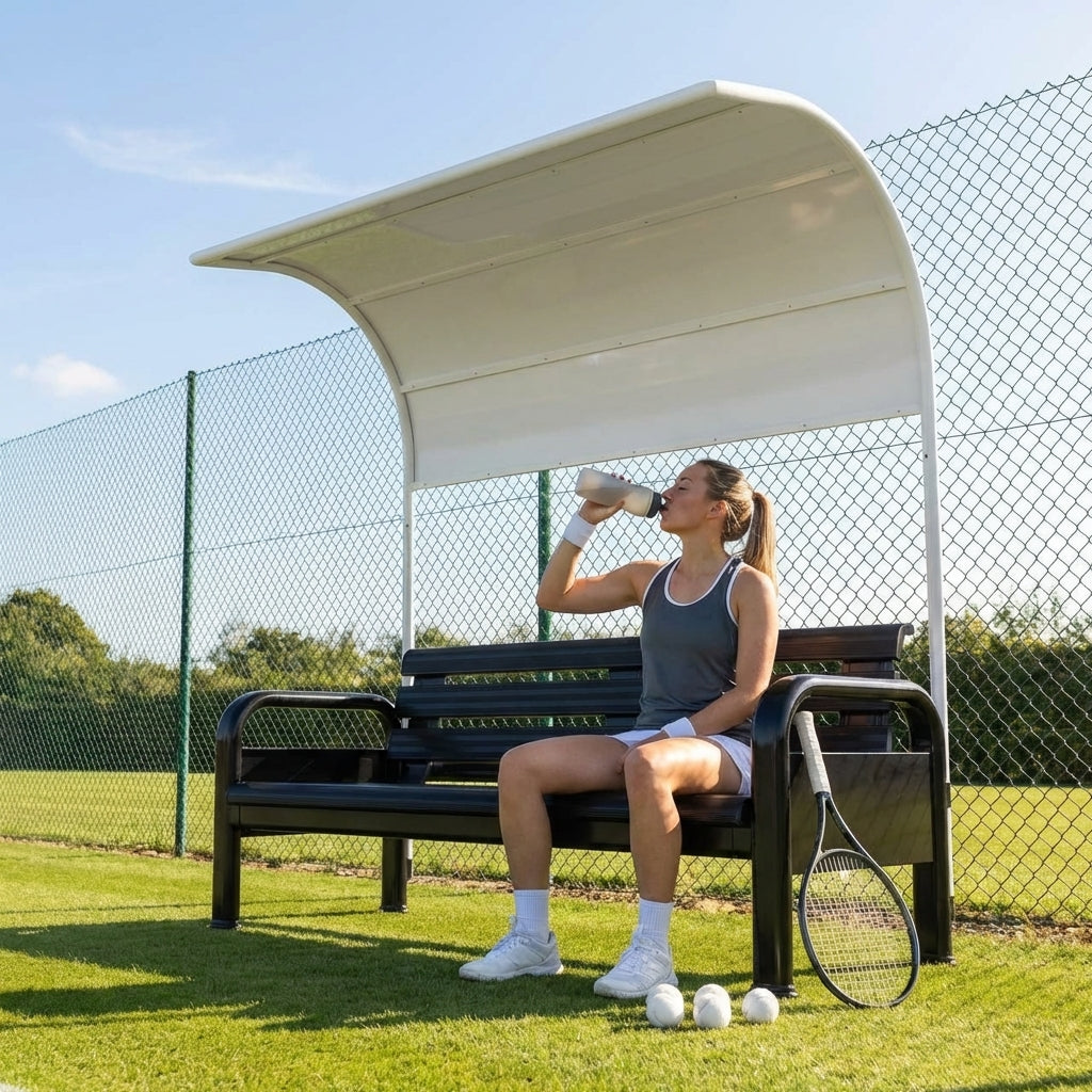 Aluminium tennis court bench in green for tournament use