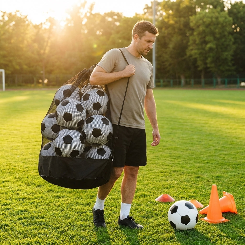 Football carry bag with 12 footballs, durable mesh