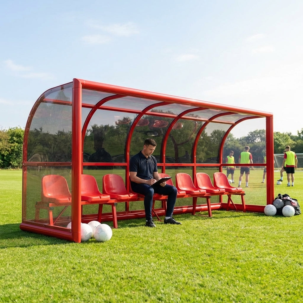 Fixed team shelter with aluminium frame and polycarbonate panels for sports