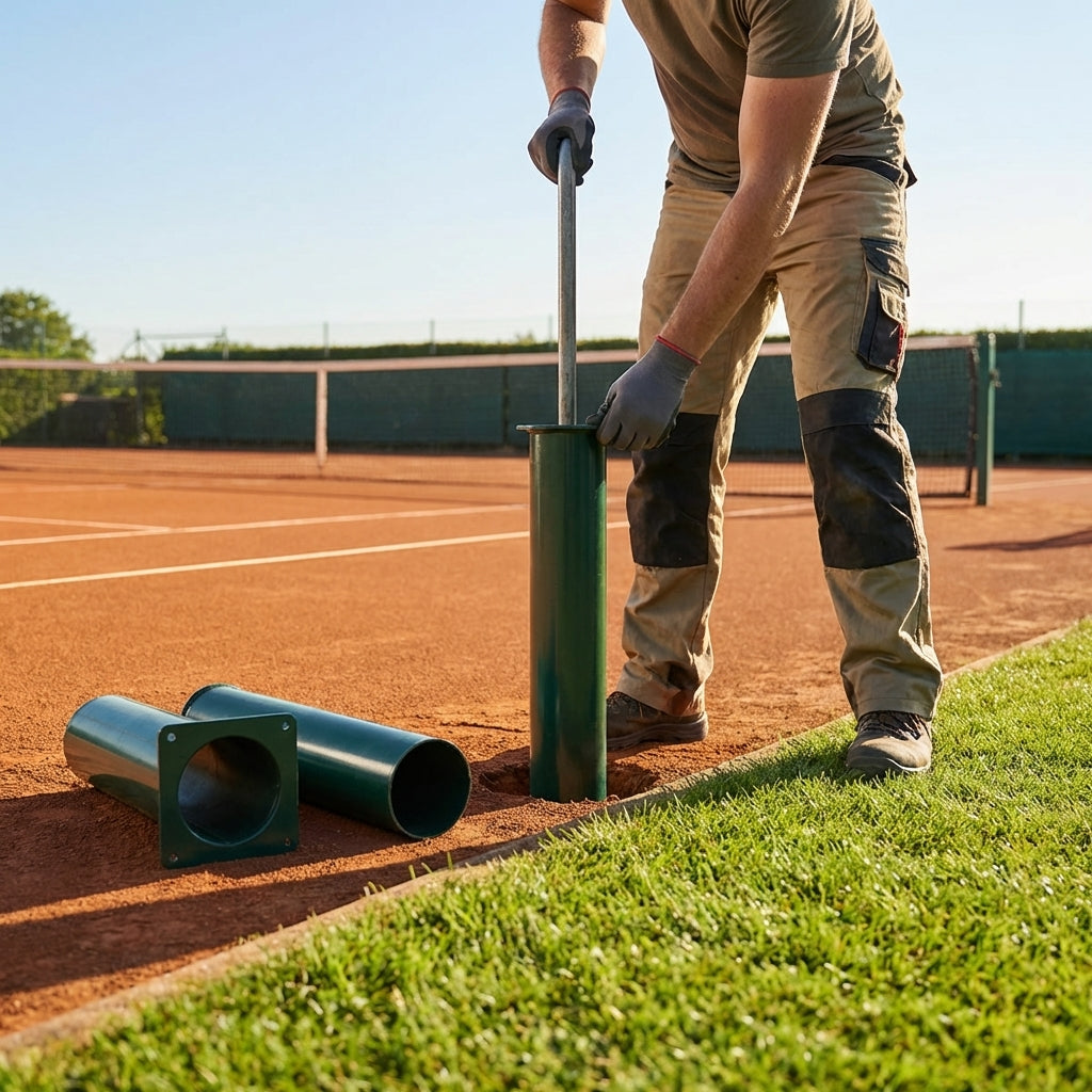Steel tennis post ground sockets, available in round and square designs