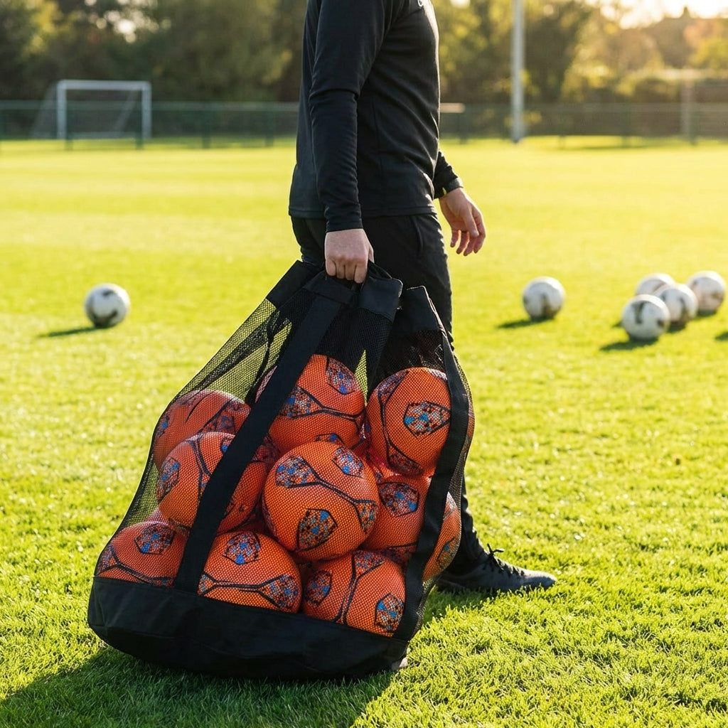 Football carry bag with 12 footballs, durable mesh
