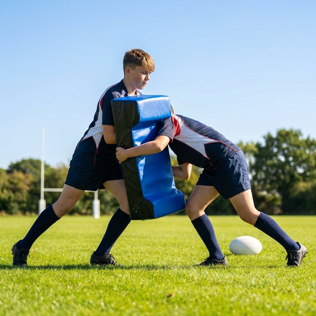 Rugby Tackle Shield in bright fluro yellow with padded straps, ideal for training