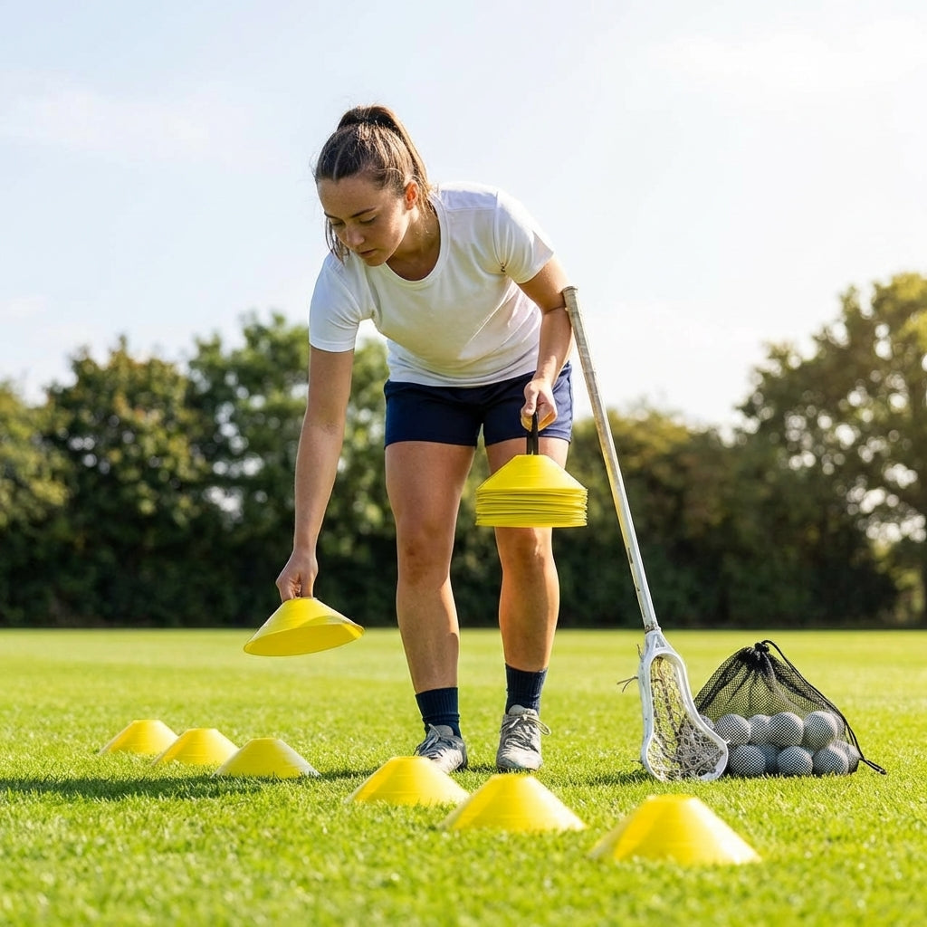 Lacrosse training marker cones in various vibrant colours