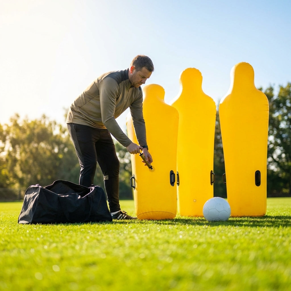 Inflatable football mannequins available in multiple sizes for training use