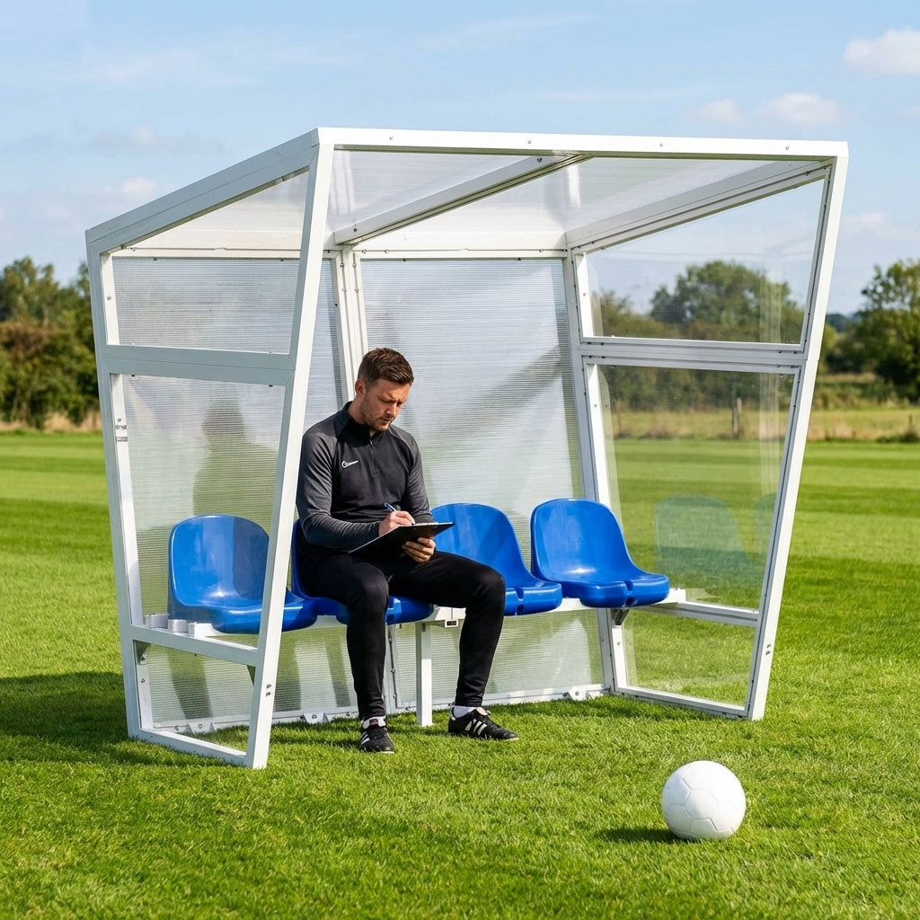 Heavy duty aluminium team shelter with moulded seats