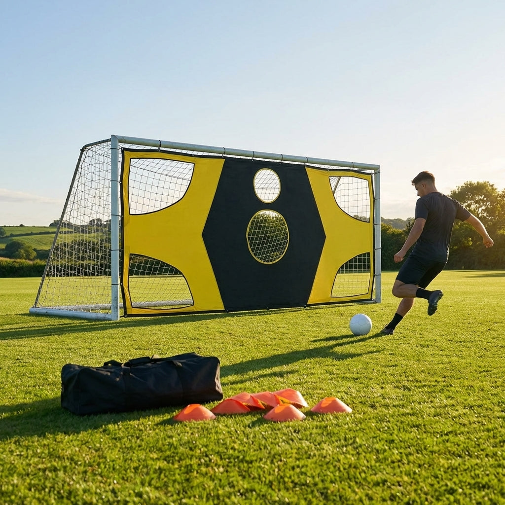 Football goal target sheet with bright yellow banding for training