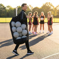 Netball carry bag with 12 netballs, mesh design for easy transport