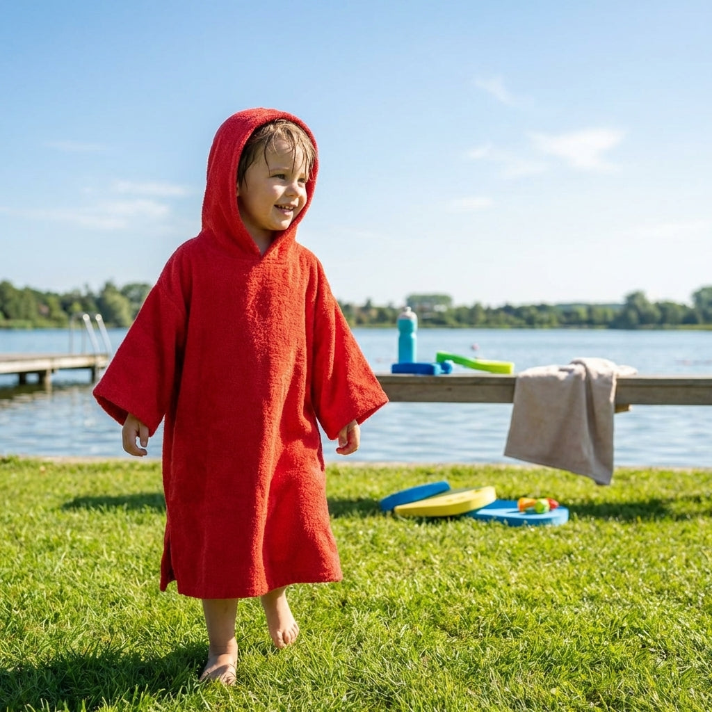 Cotton Towel Poncho in Red, Aqua Blue, and Black for Beach and Pool Use