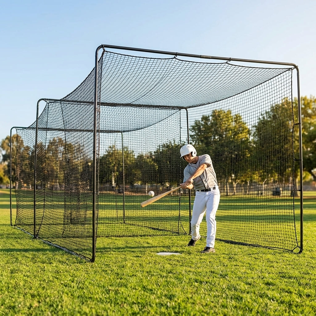 Baseball Batting Cage Net in black, 55ft length, durable for outdoor training
