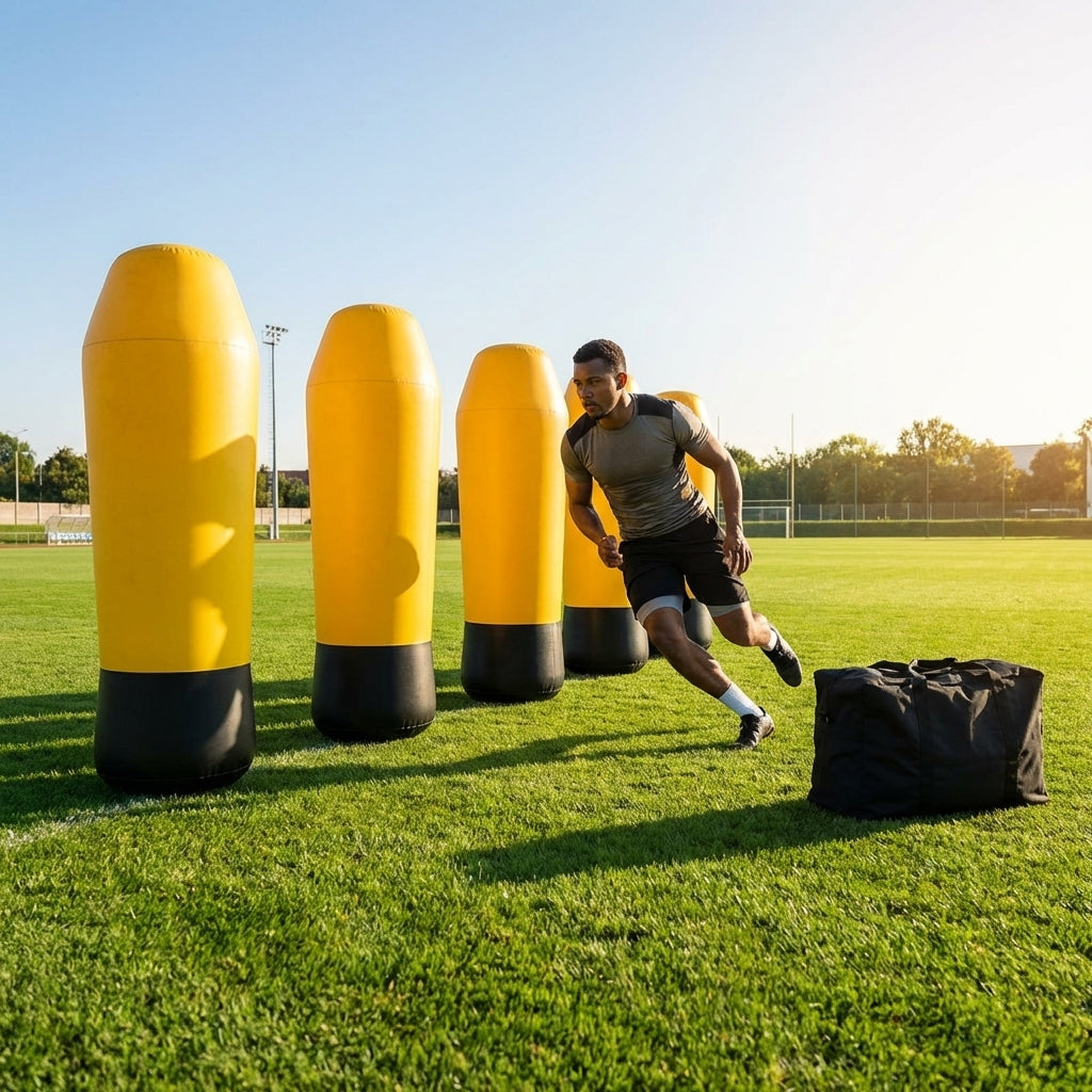 High-visibility American football training dummies in yellow PVC