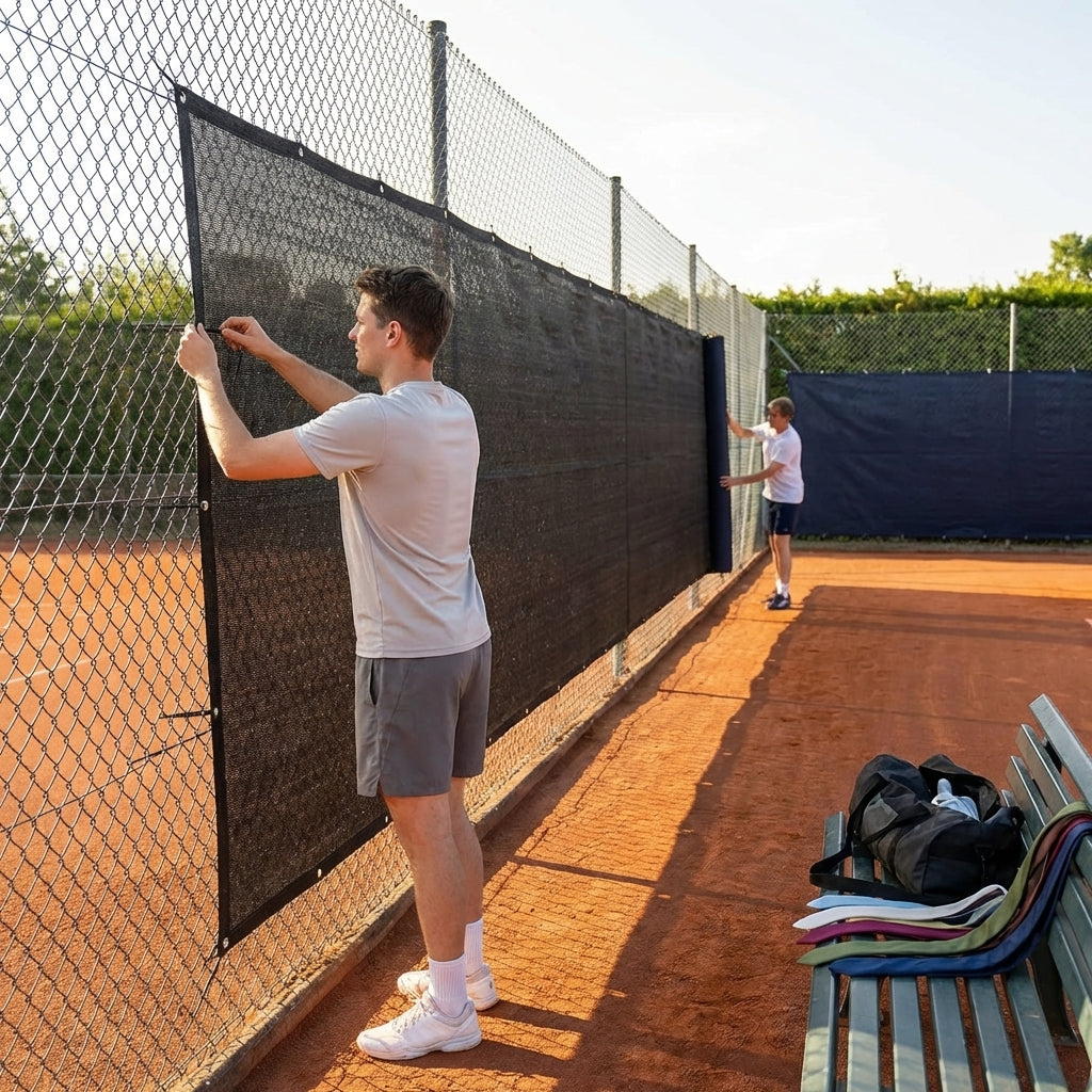 Green Tennis Court Windbreaks on an outdoor tennis court