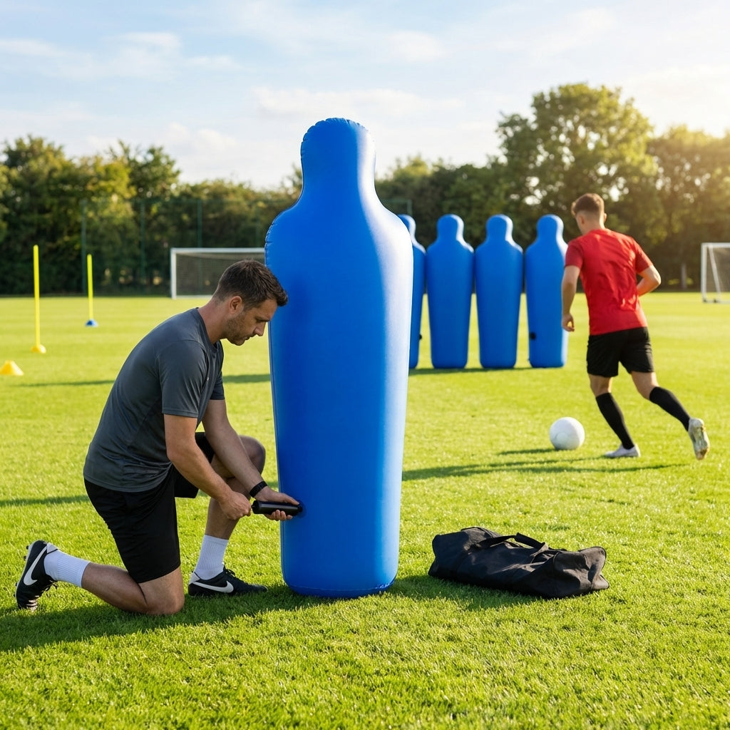 Inflatable football mannequins available in multiple sizes for training use