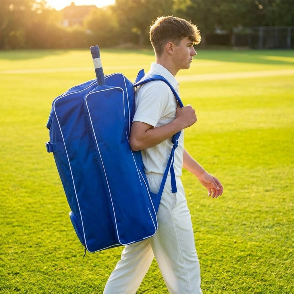 Cricket duffle bag with pockets for bats and shoes, made from durable polyester