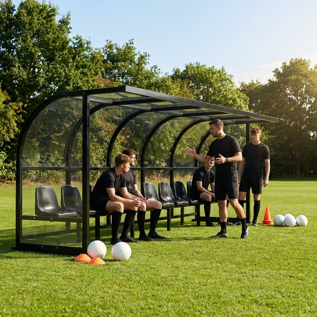 Heavy duty aluminium team shelter with moulded seats