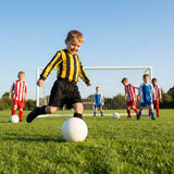 Kids' football kit with striped long sleeve shirt, shorts, and knee-high socks
