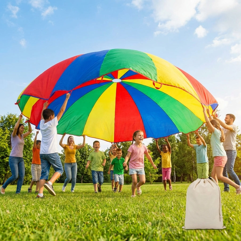 Colourful kids parachute with handles for indoor and outdoor games