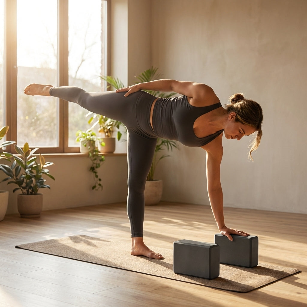 High-density EVA foam yoga block in Slate Blue, Charcoal, and Beige