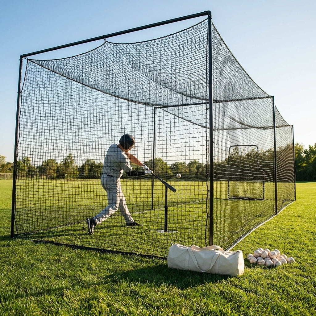 Black baseball batting cage nets made from HDPP twine for indoor and outdoor use