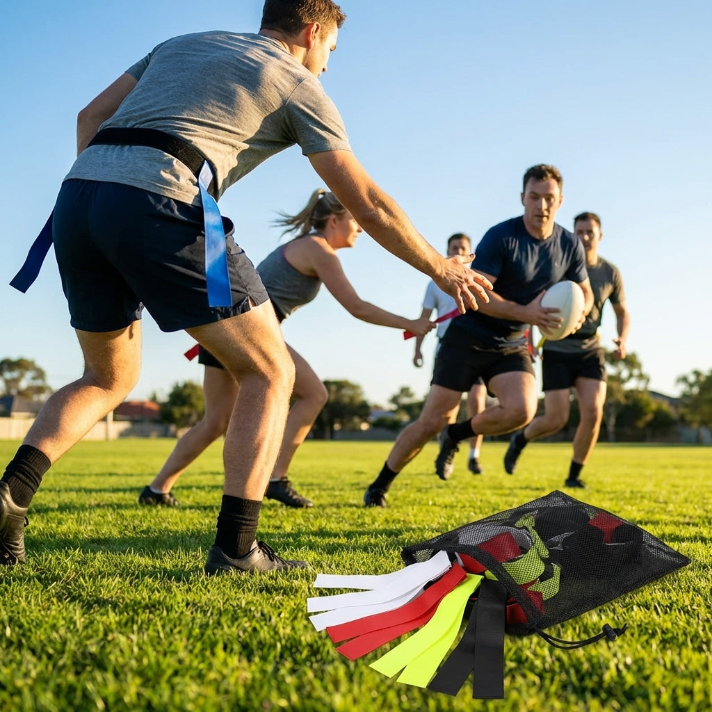 Tag rugby belt set with 10 belts and 20 colourful tags