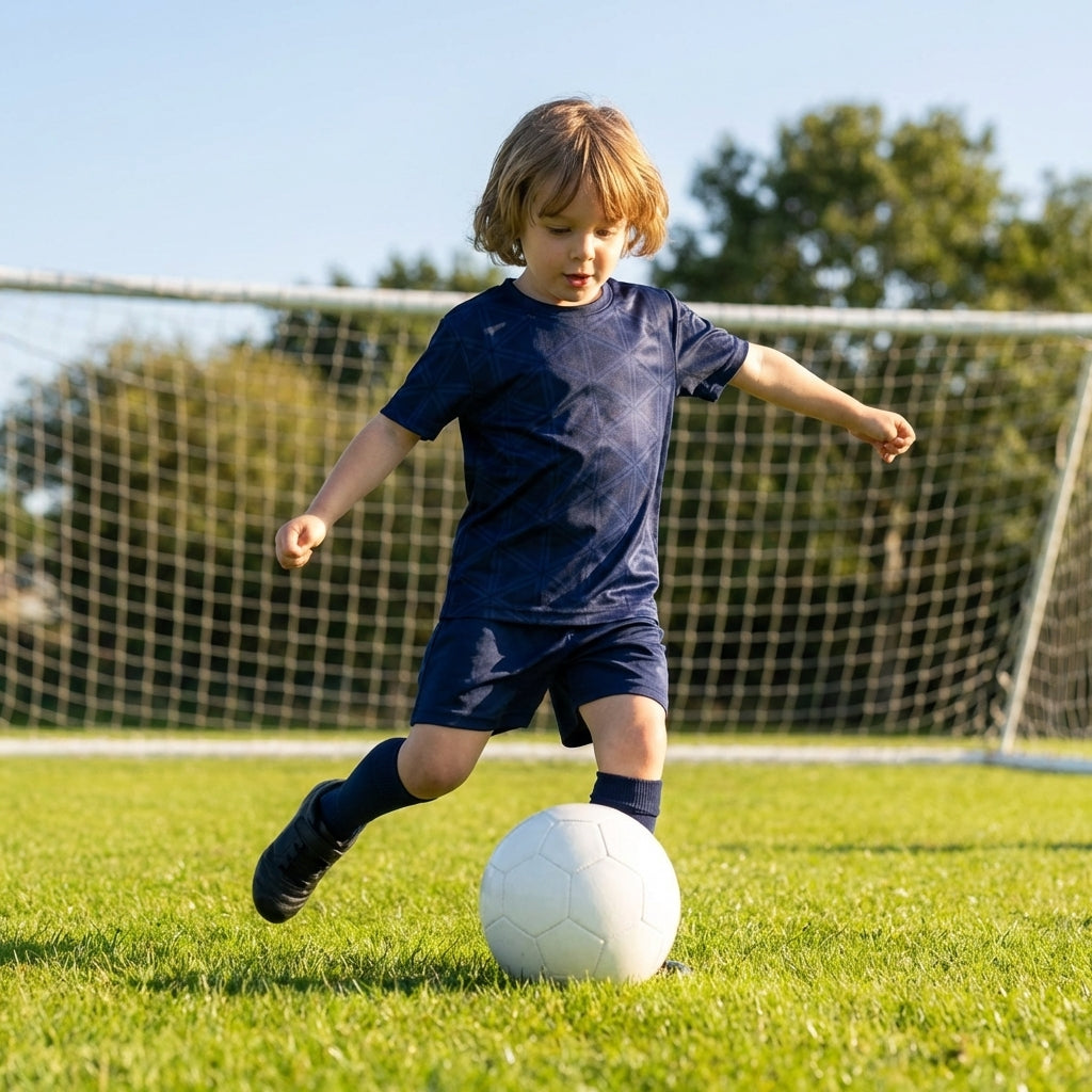 Junior navy blue football shirt with geometric print for training