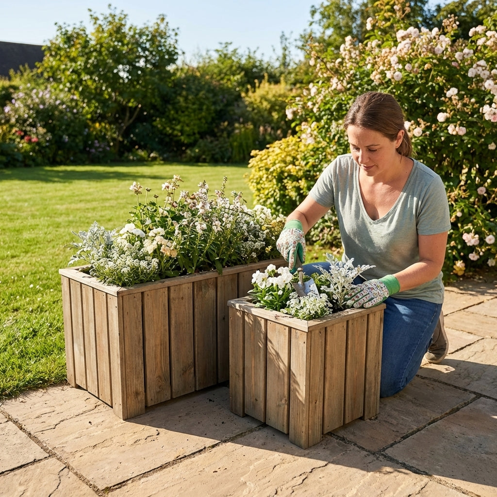 Wooden garden planters in small and large sizes, made from pressure-treated wood for outdoor use.