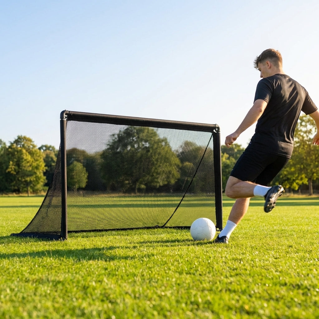 Folding football goal with aluminium frame and high-impact net