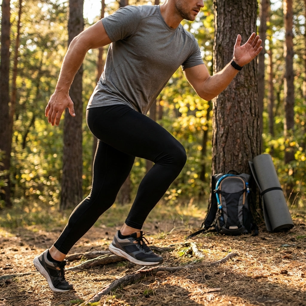 Men's compression base layer leggings in black, royal blue, and navy blue