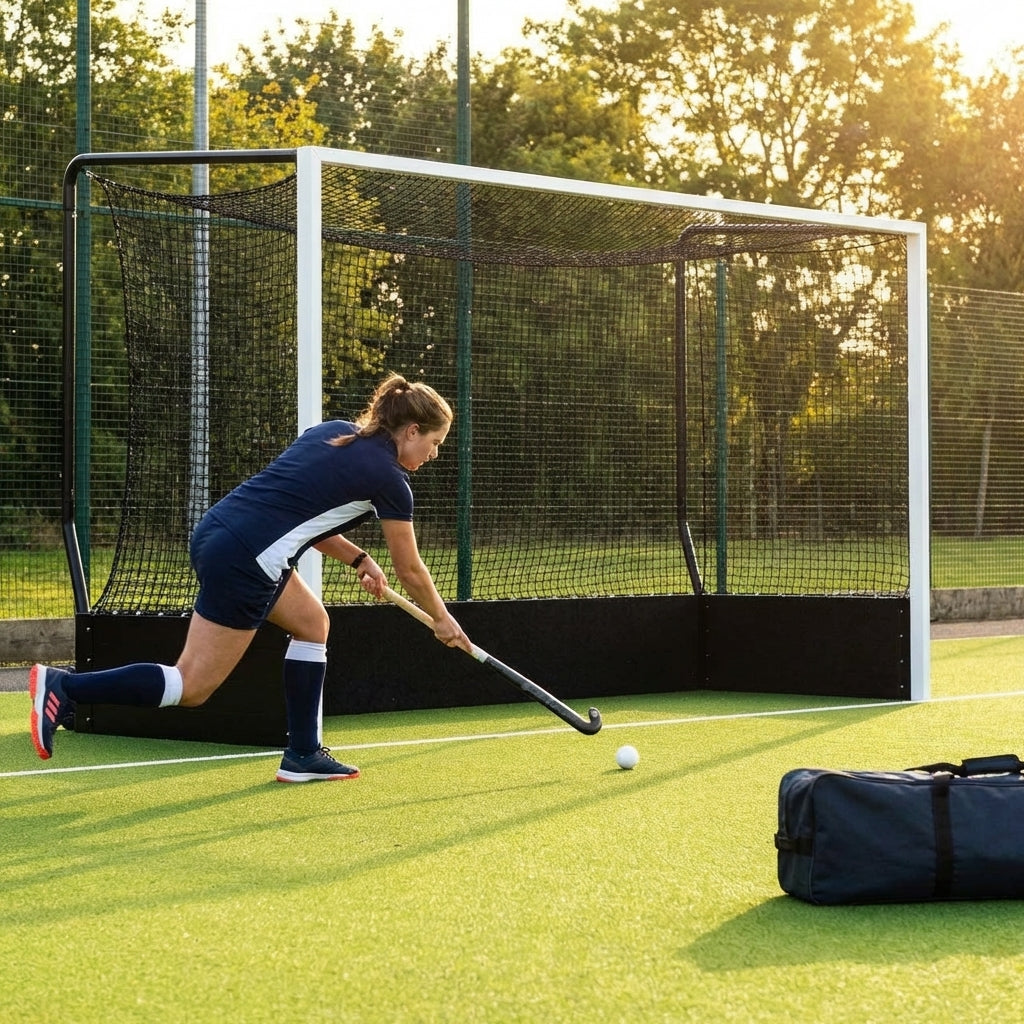 Aluminium hockey goal with HDPE net, 12ft x 7ft, for tournament use