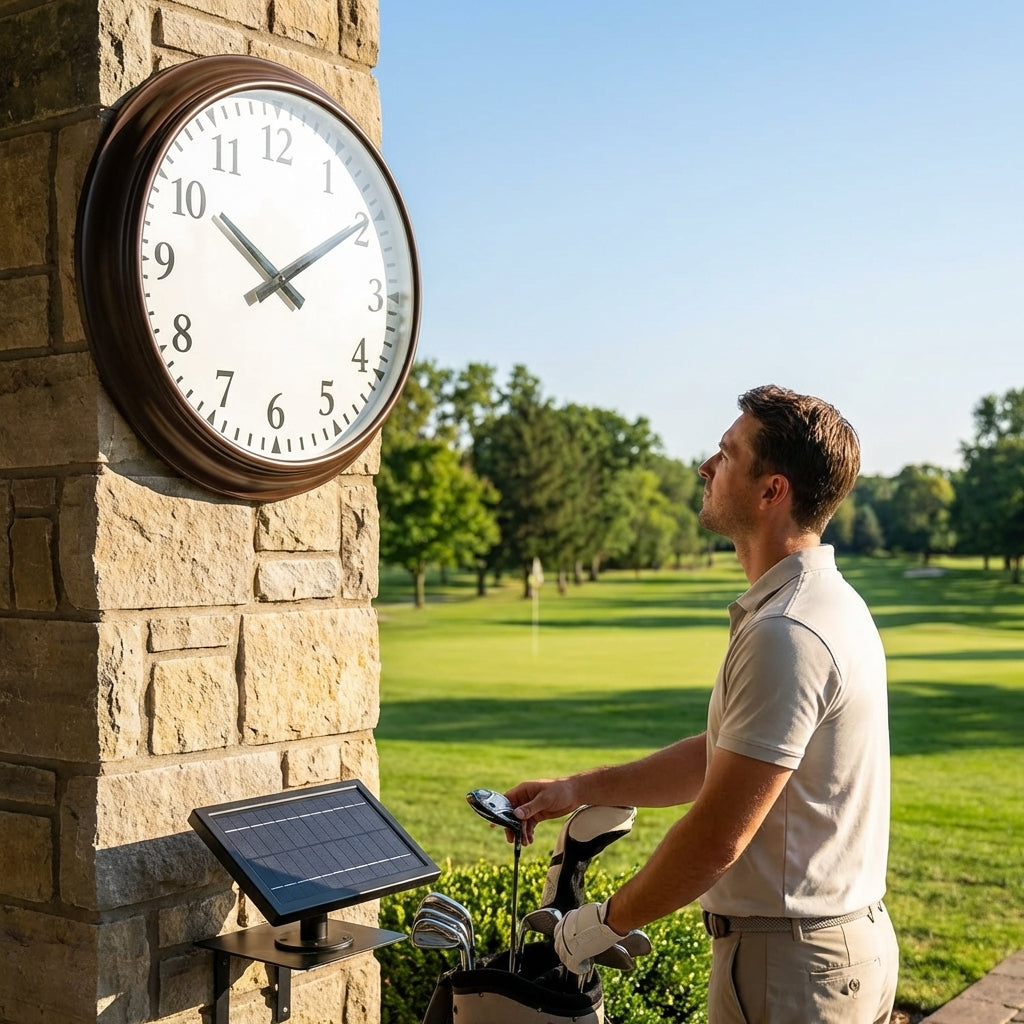 Customisable outdoor clock with black frame for golf clubhouses