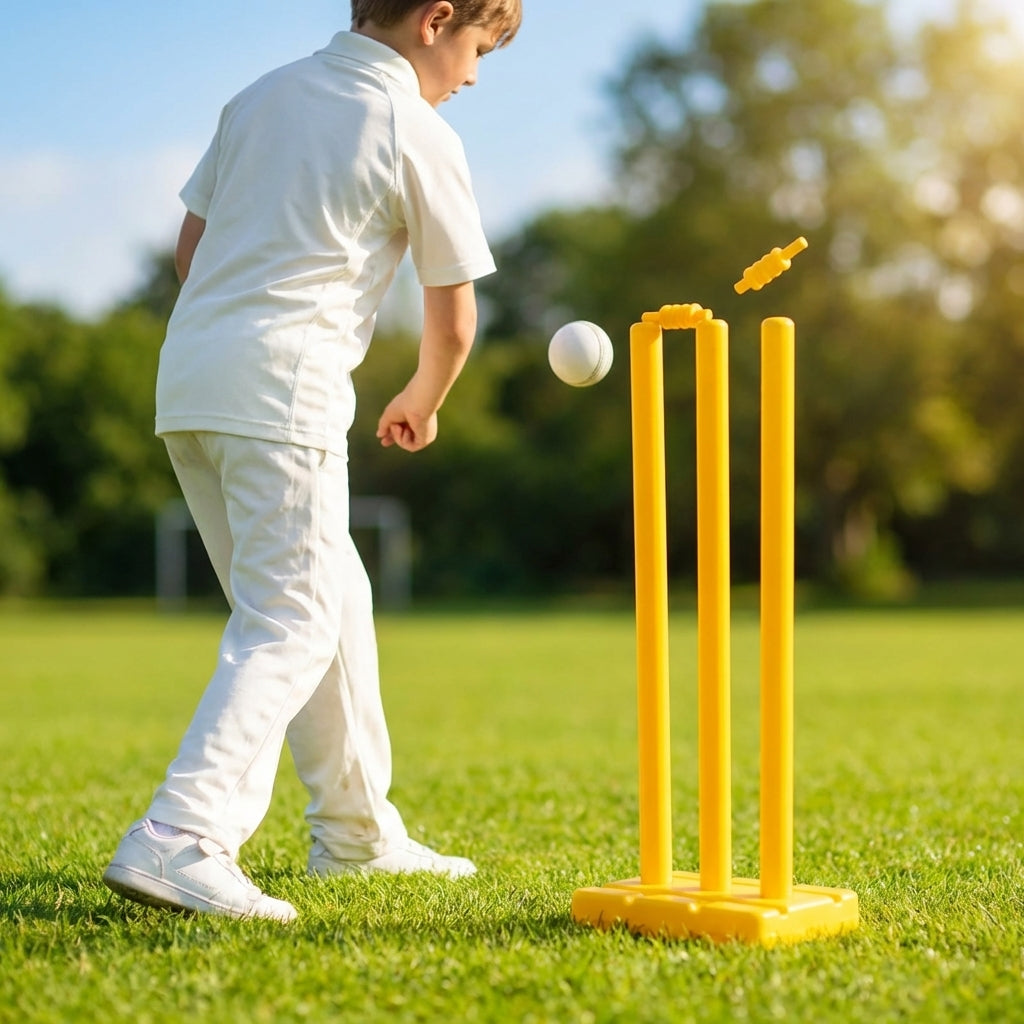 Plastic Cricket Stumps in vibrant yellow with base and bails
