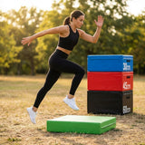 Plyometric jump boxes in various colours and heights for gym workouts