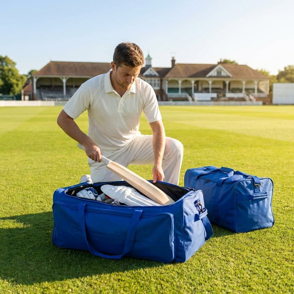 Cricket duffle bag with pockets for bats and shoes, made from durable polyester
