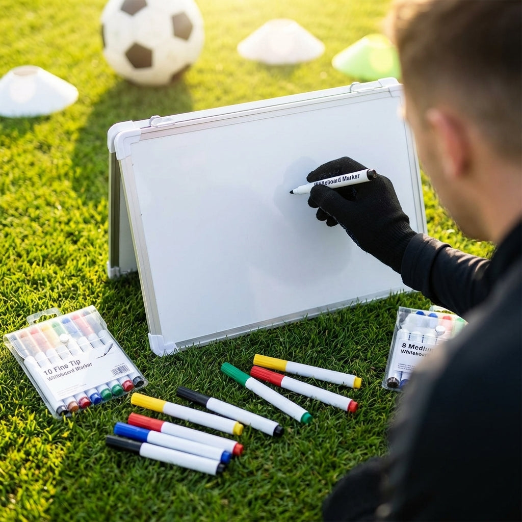 Multi-coloured and black whiteboard marker pens with magnetic strip and eraser