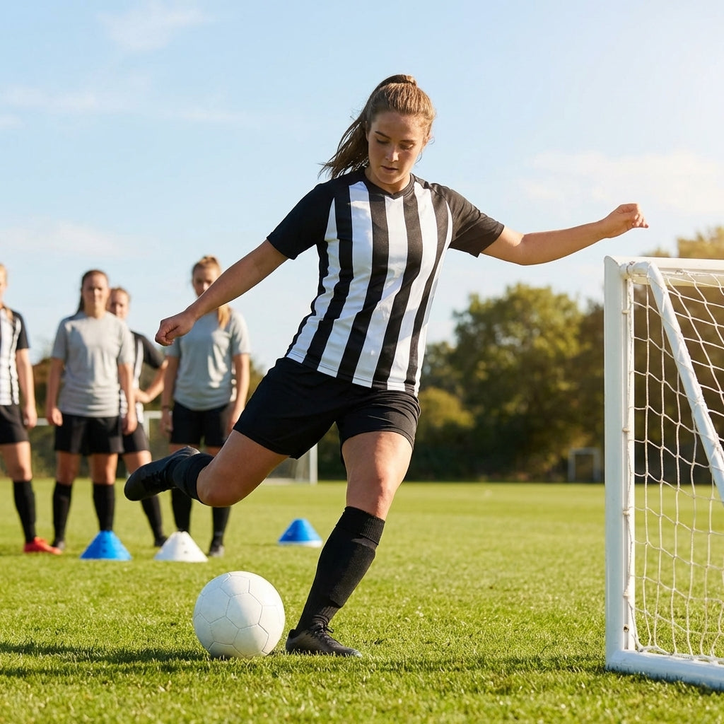 Women's striped football shirts in various colours and sizes