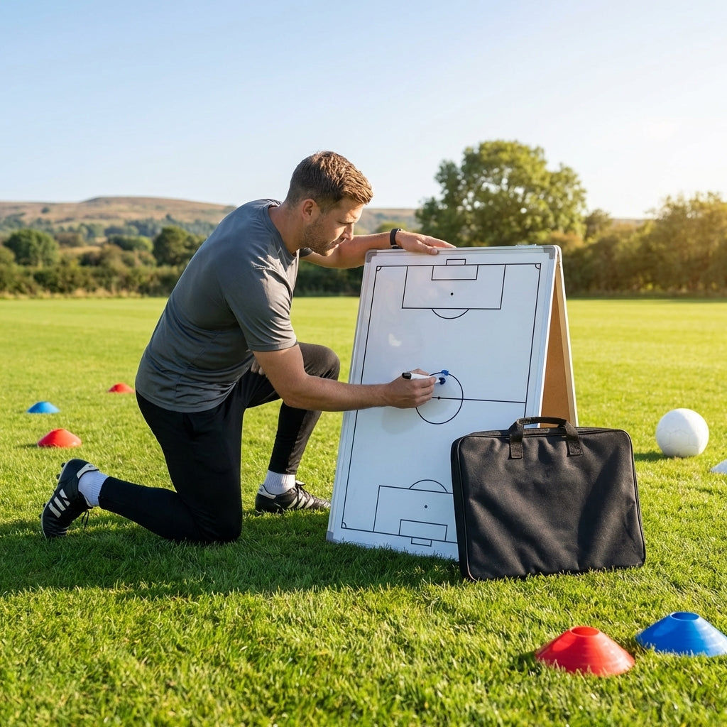 Football coaching whiteboard with aluminium frame and coloured markers