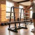 Steel barbell rack set for gym use, featuring a heavy-duty frame.