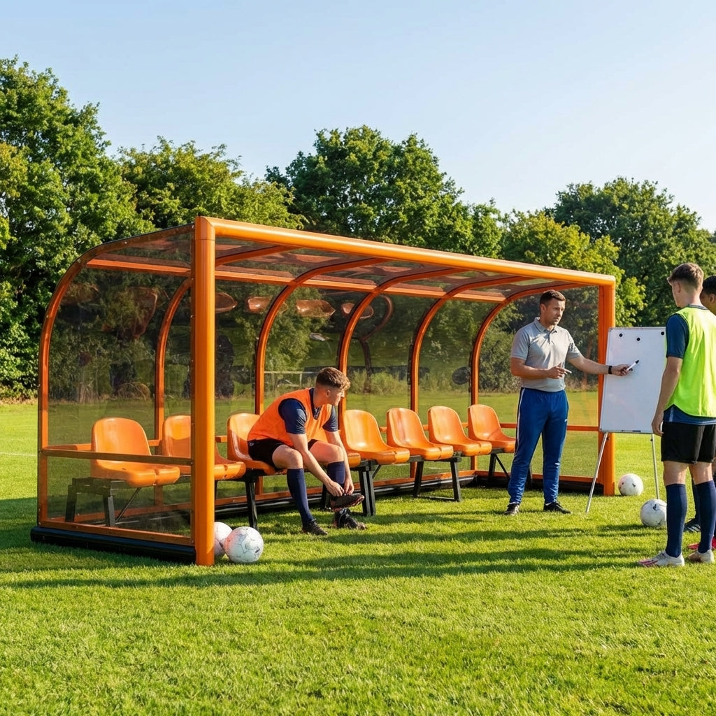Fixed team shelter with aluminium frame and polycarbonate panels for sports