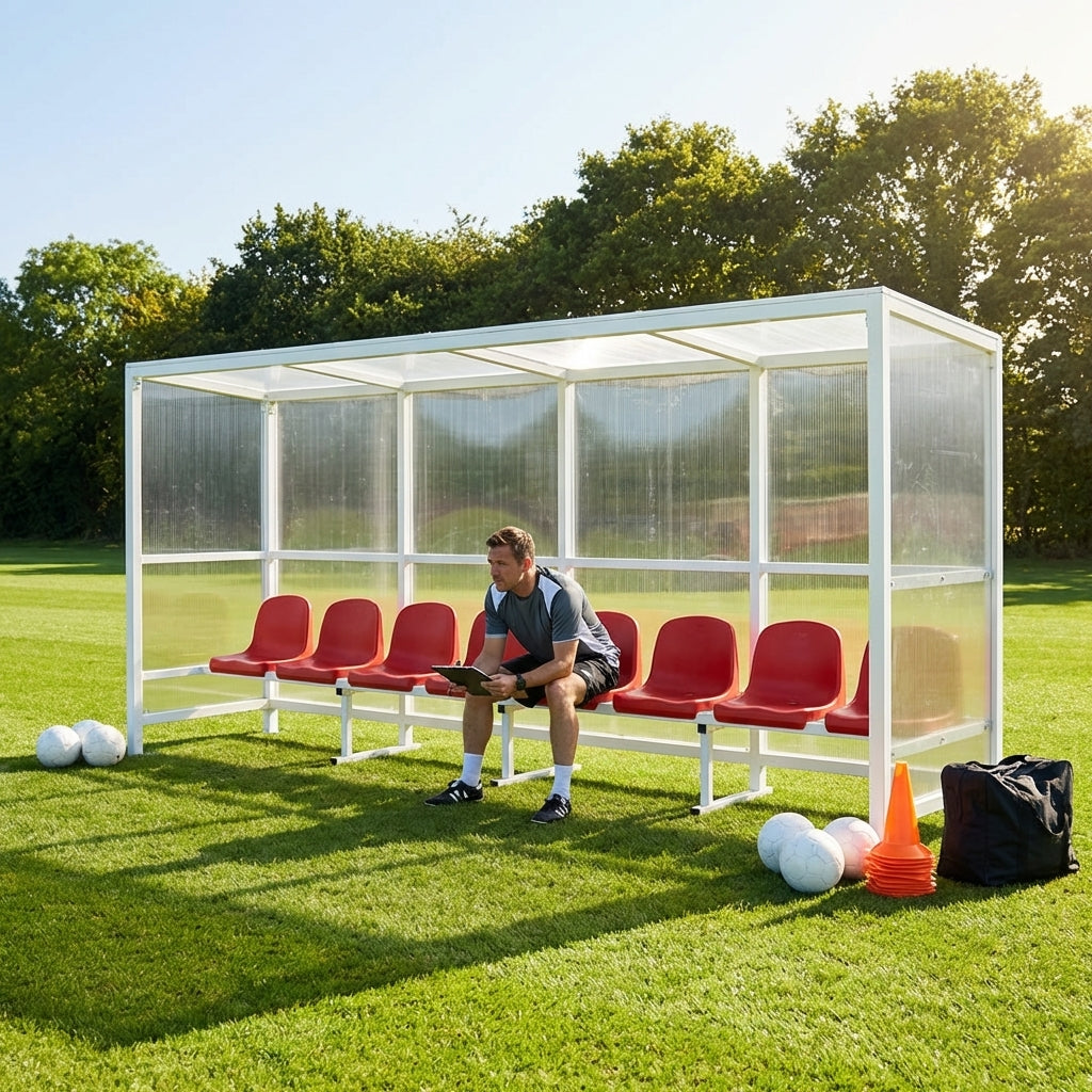 Heavy duty aluminium team shelter with moulded seats