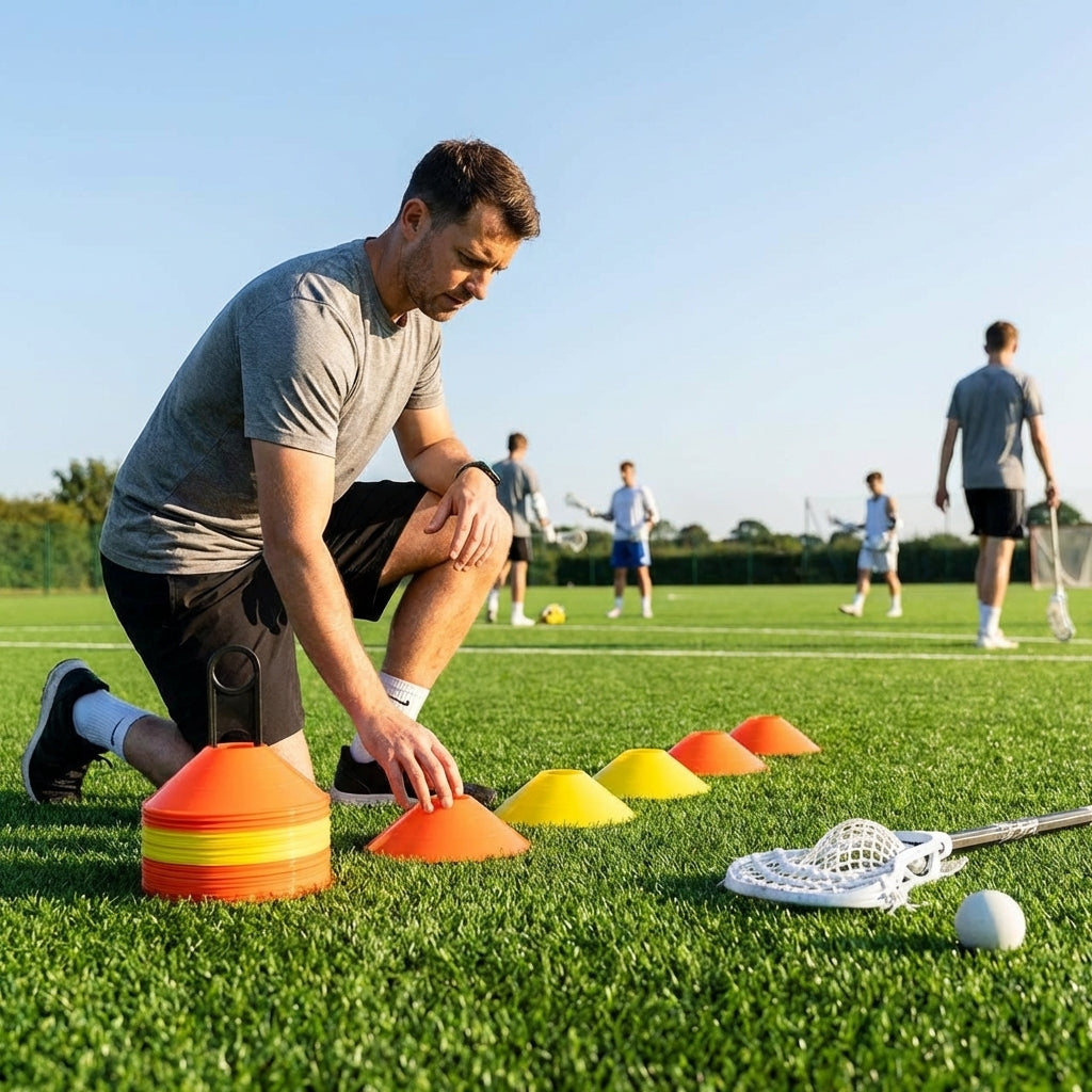 Lacrosse training marker cones in various vibrant colours