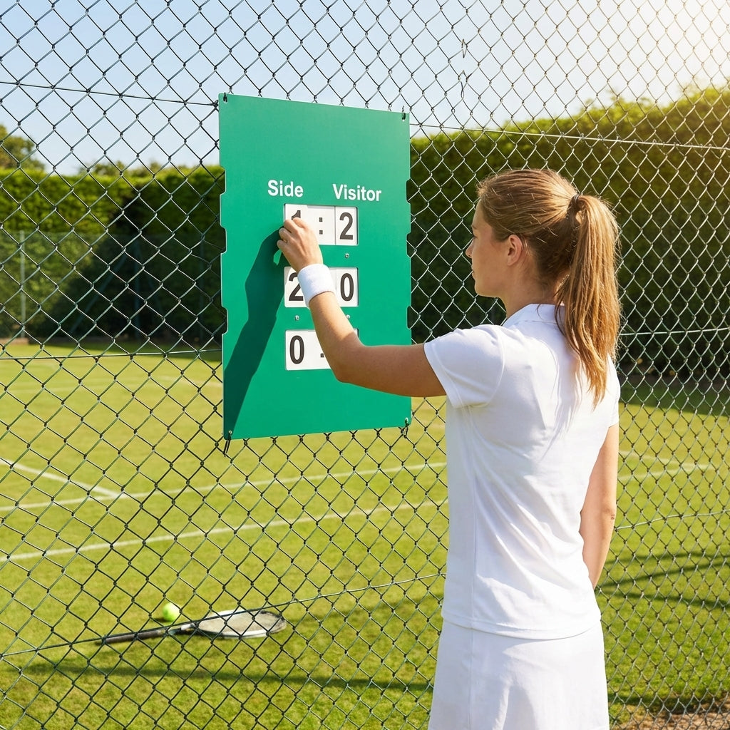 Portable tennis scoreboard with UV stabilised materials, available in 3 sizes and colours