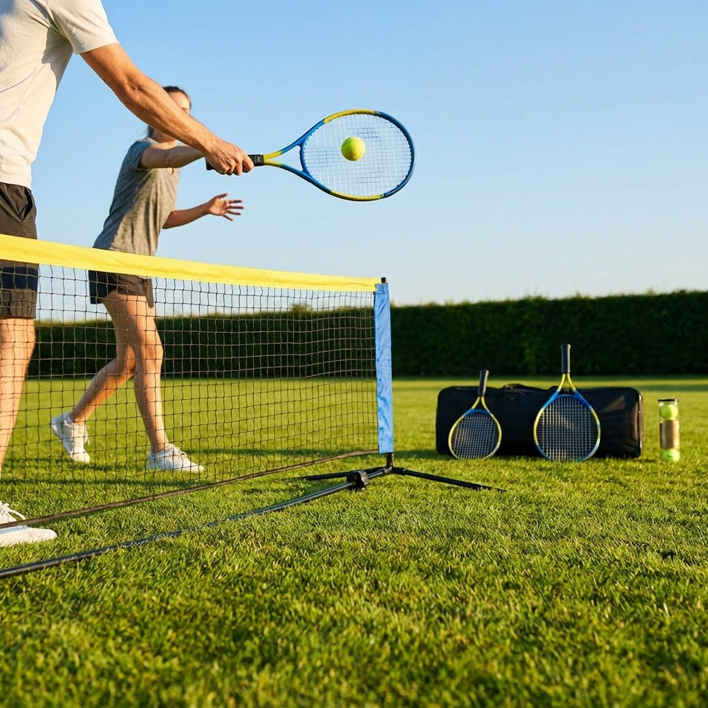 Mini Tennis Net Set with rackets and balls, perfect for backyard and club use