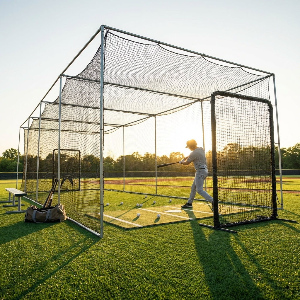 Baseball Batting Cage Net in black, 55ft length, durable for outdoor training