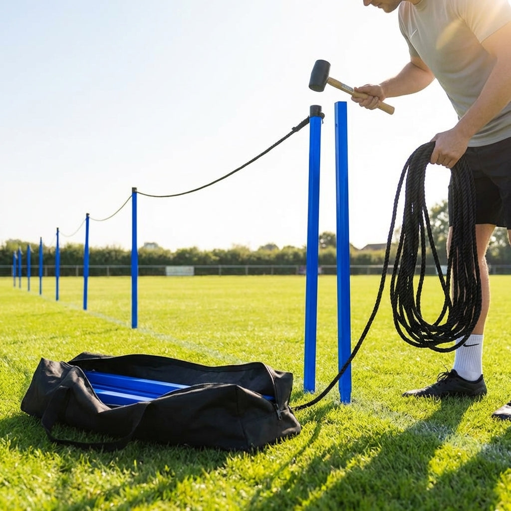 Football crowd control barrier with PVC poles for outdoor use