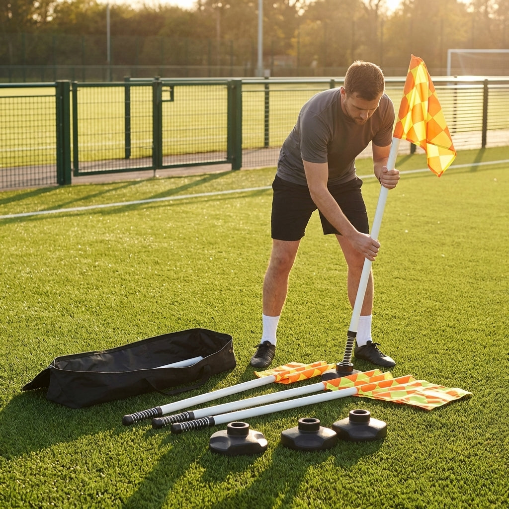 Football corner flag set with PVC poles and rubber bases